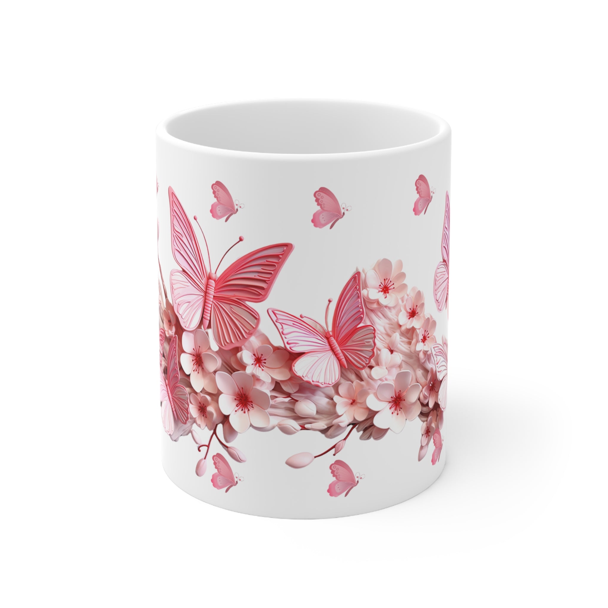 Pink Butterfly Floral Mug – Elegant Ceramic Coffee Cup, Nature-Inspired Gift