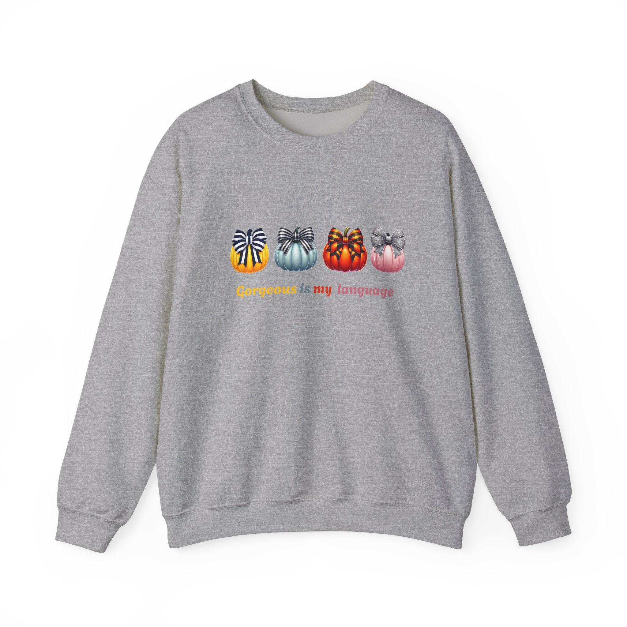 Gorgeous Is My Language Sweatshirt – Colorful Bow Pumpkin Crewneck, Cozy Fall Fashion