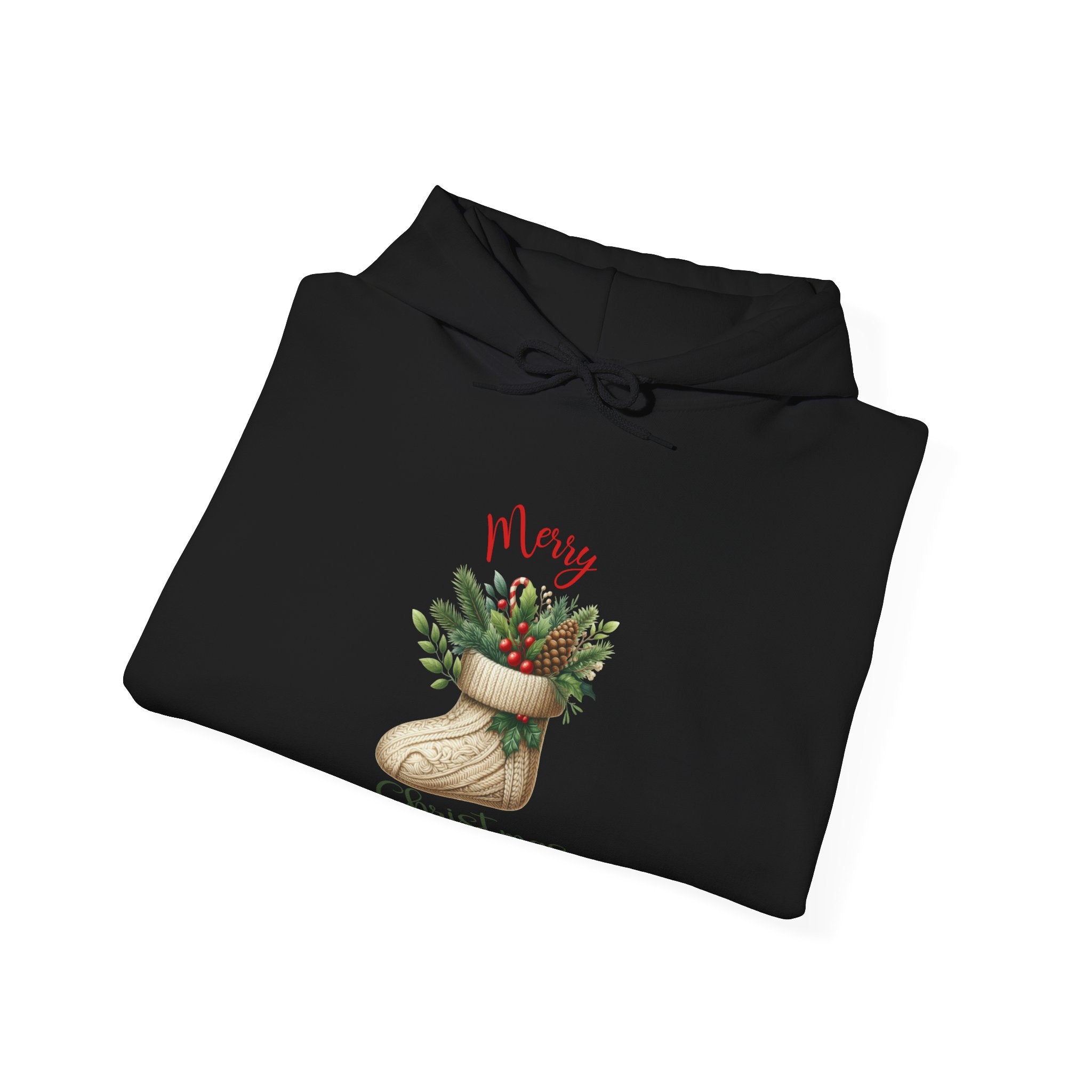 Merry Christmas Hoodie – Cozy Holiday Sweatshirt with Festive Stocking Design