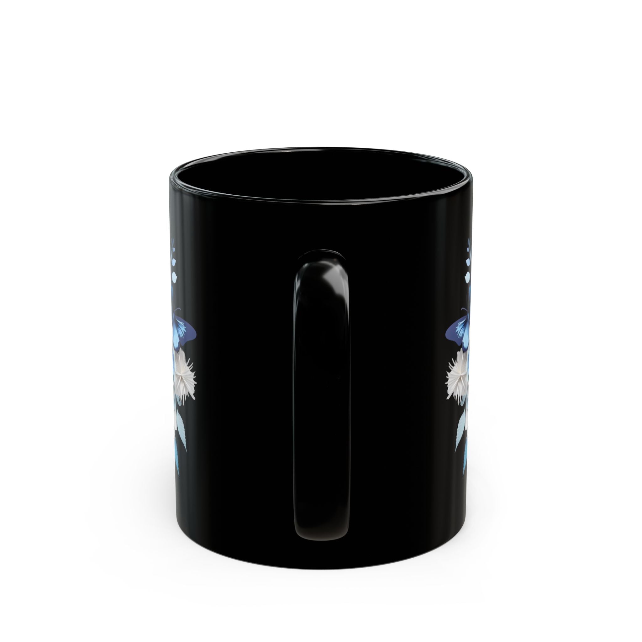 Stay Cozy Stay Happy Black Mug – Butterfly & Floral Design, Positive Vibes Gift