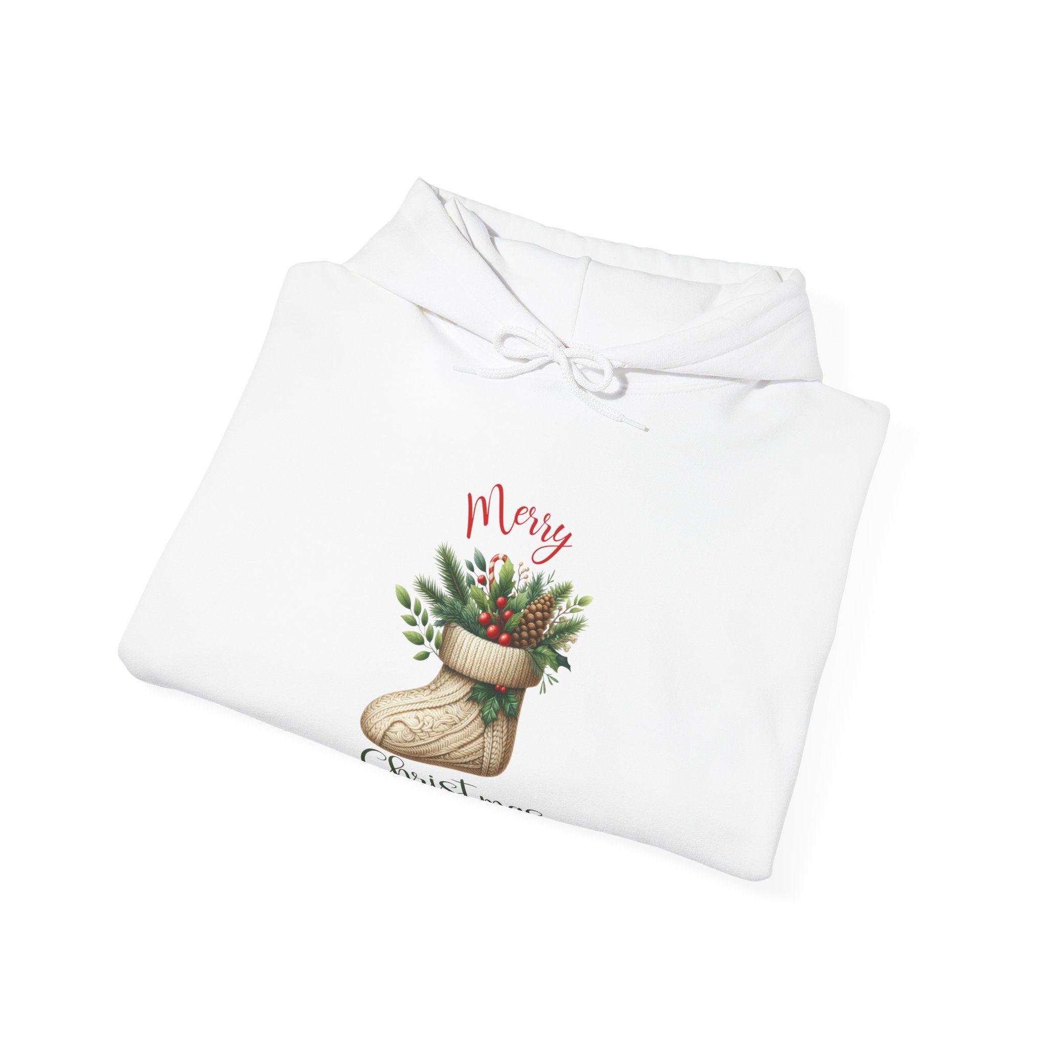 Merry Christmas Hoodie – Cozy Holiday Sweatshirt with Festive Stocking Design