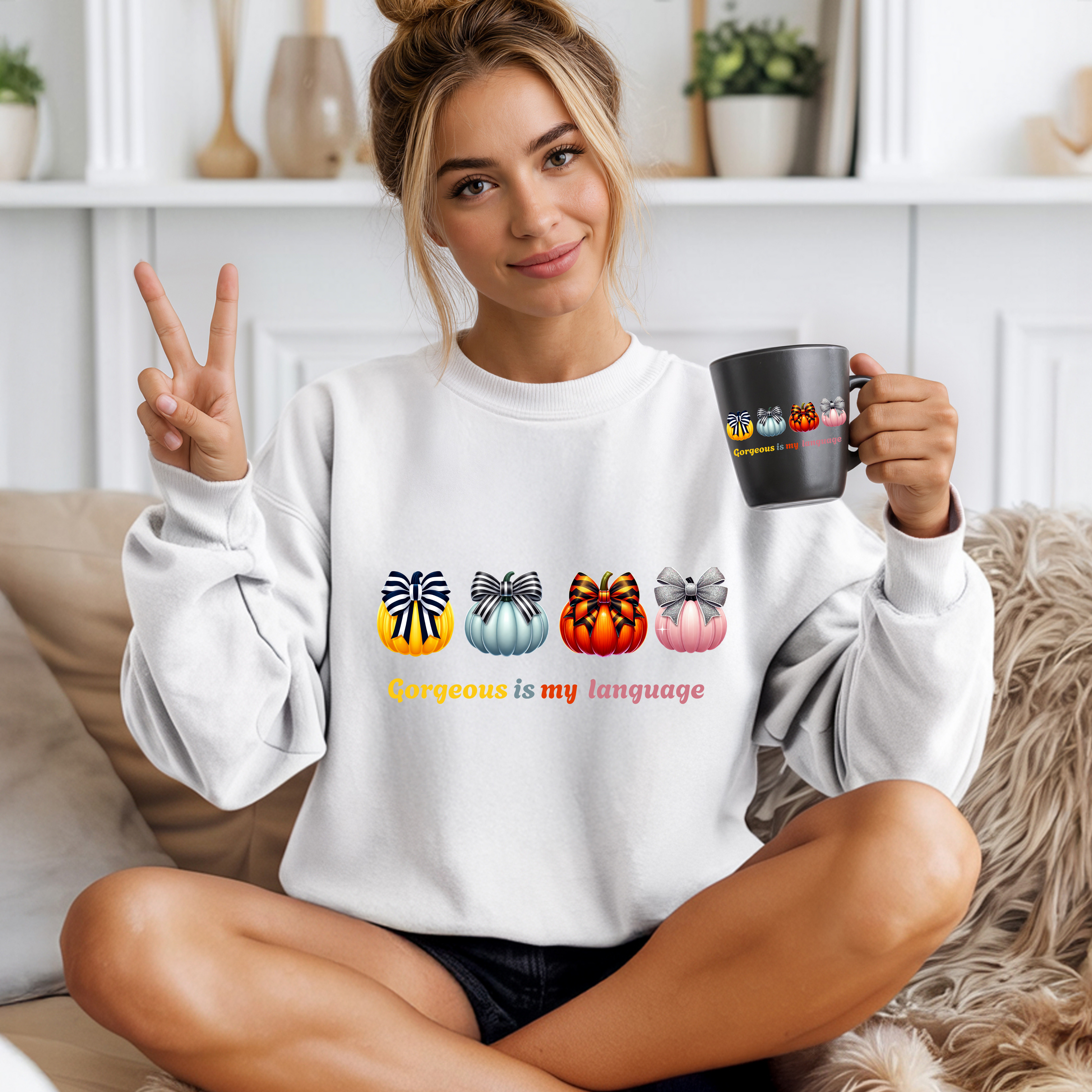 Gorgeous Is My Language Sweatshirt – Colorful Bow Pumpkin Crewneck, Cozy Fall Fashion