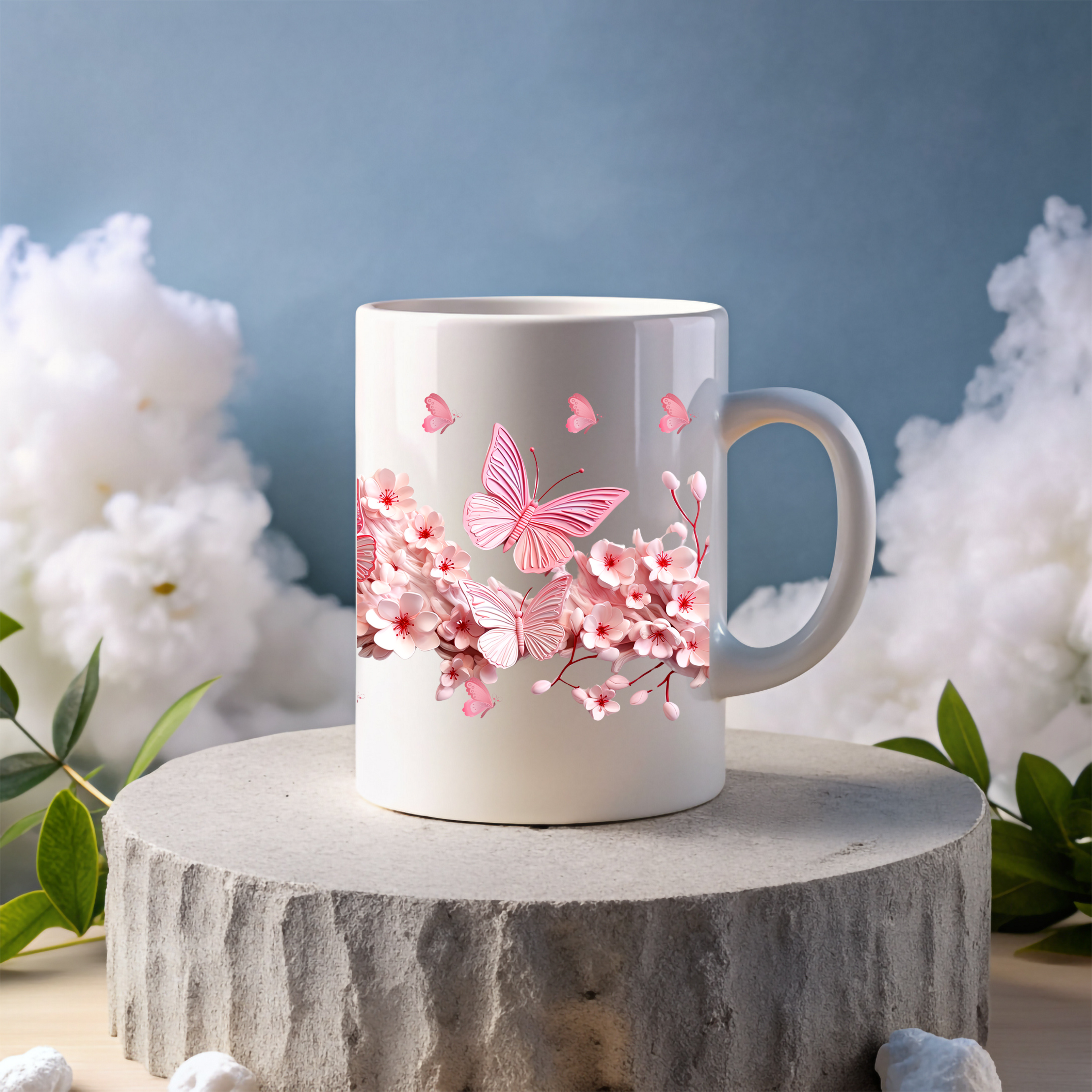 Pink Butterfly Floral Mug – Elegant Ceramic Coffee Cup, Nature-Inspired Gift