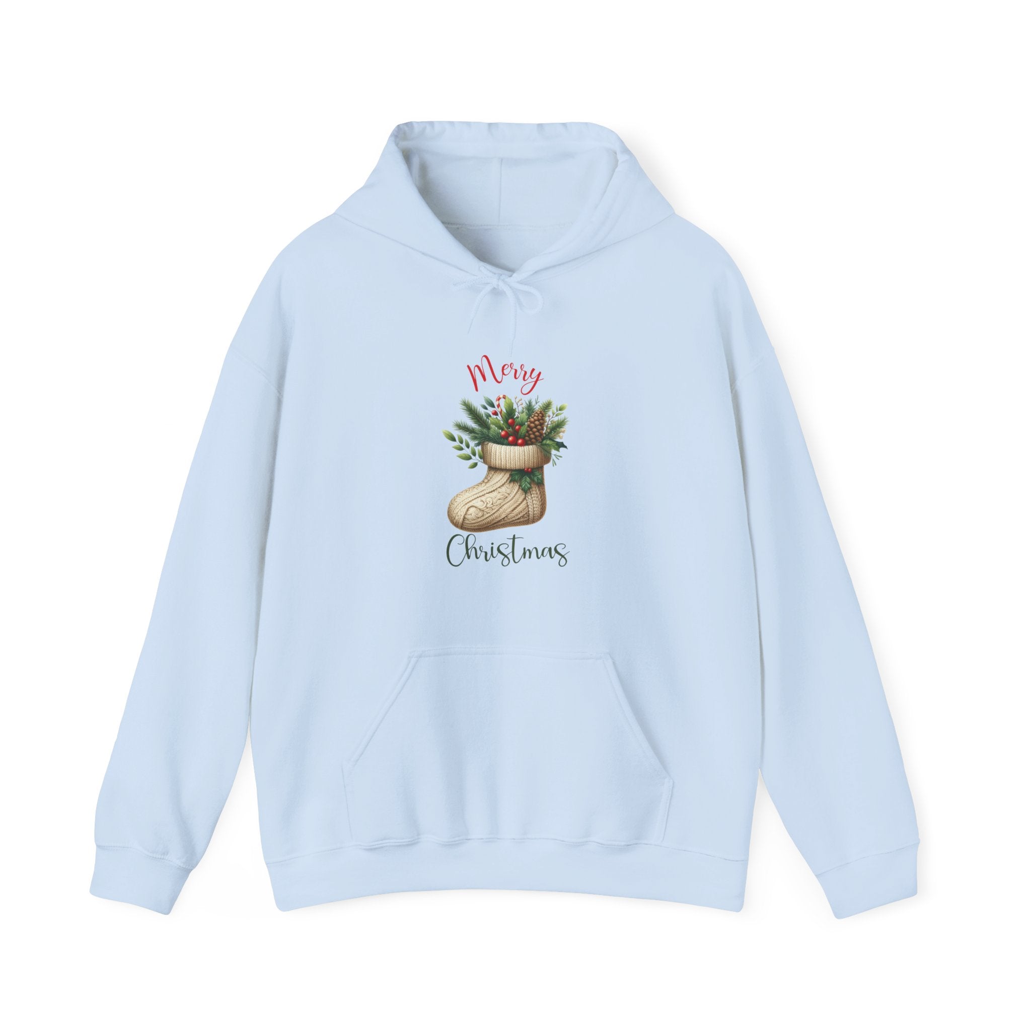 Merry Christmas Hoodie – Cozy Holiday Sweatshirt with Festive Stocking Design