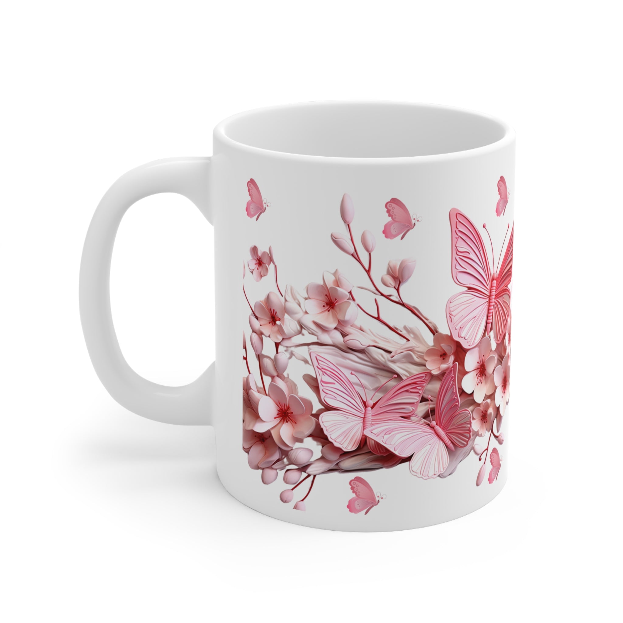 Pink Butterfly Floral Mug – Elegant Ceramic Coffee Cup, Nature-Inspired Gift