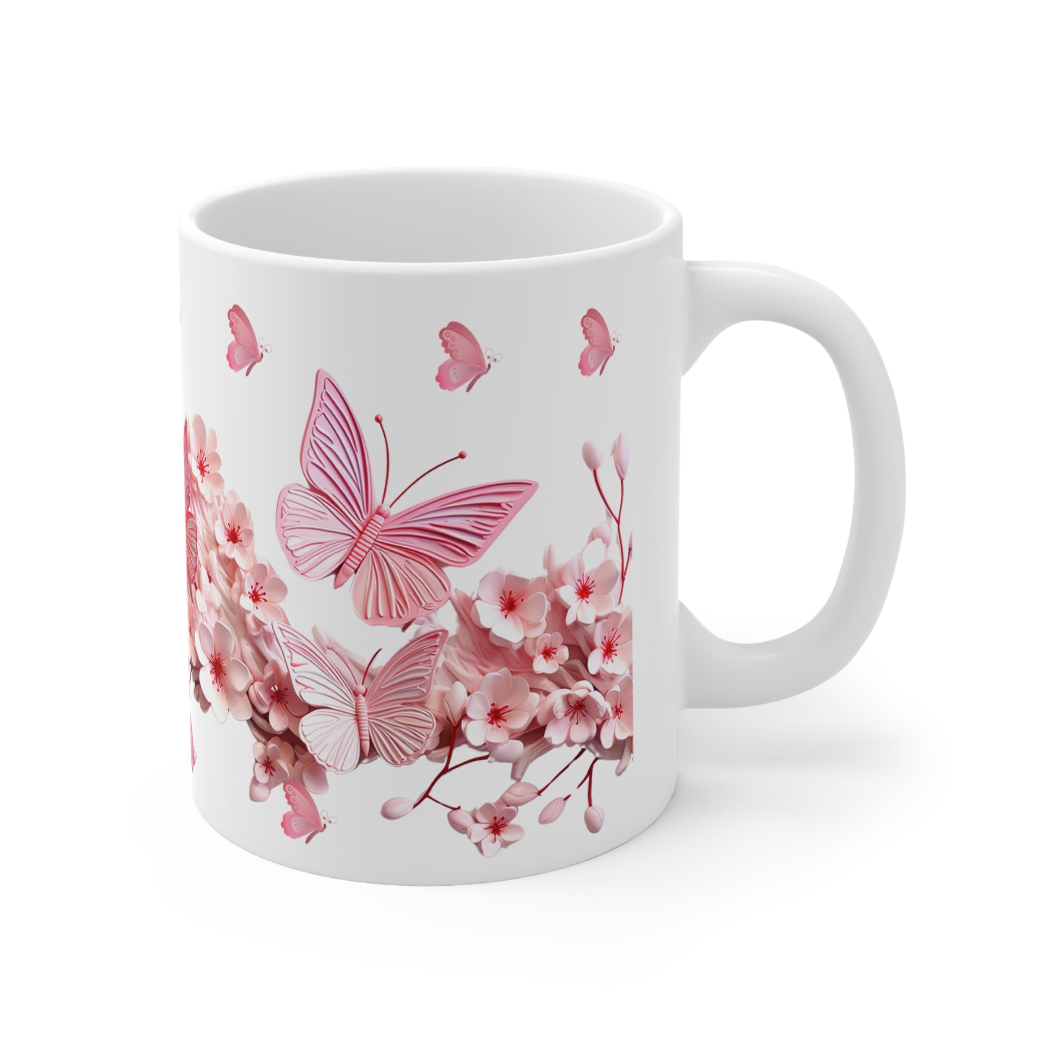 Pink Butterfly Floral Mug – Elegant Ceramic Coffee Cup, Nature-Inspired Gift