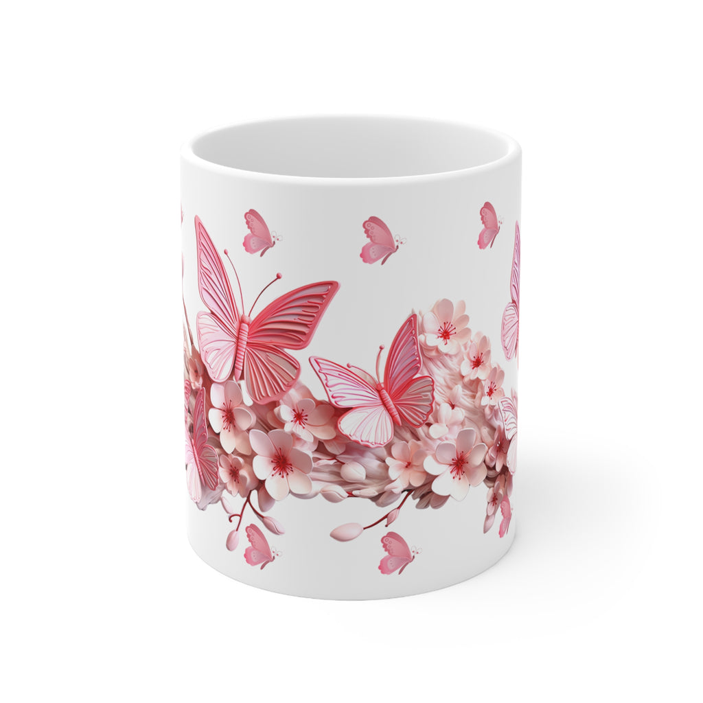 Pink Butterfly Floral Mug – Elegant Ceramic Coffee Cup, Nature-Inspired Gift