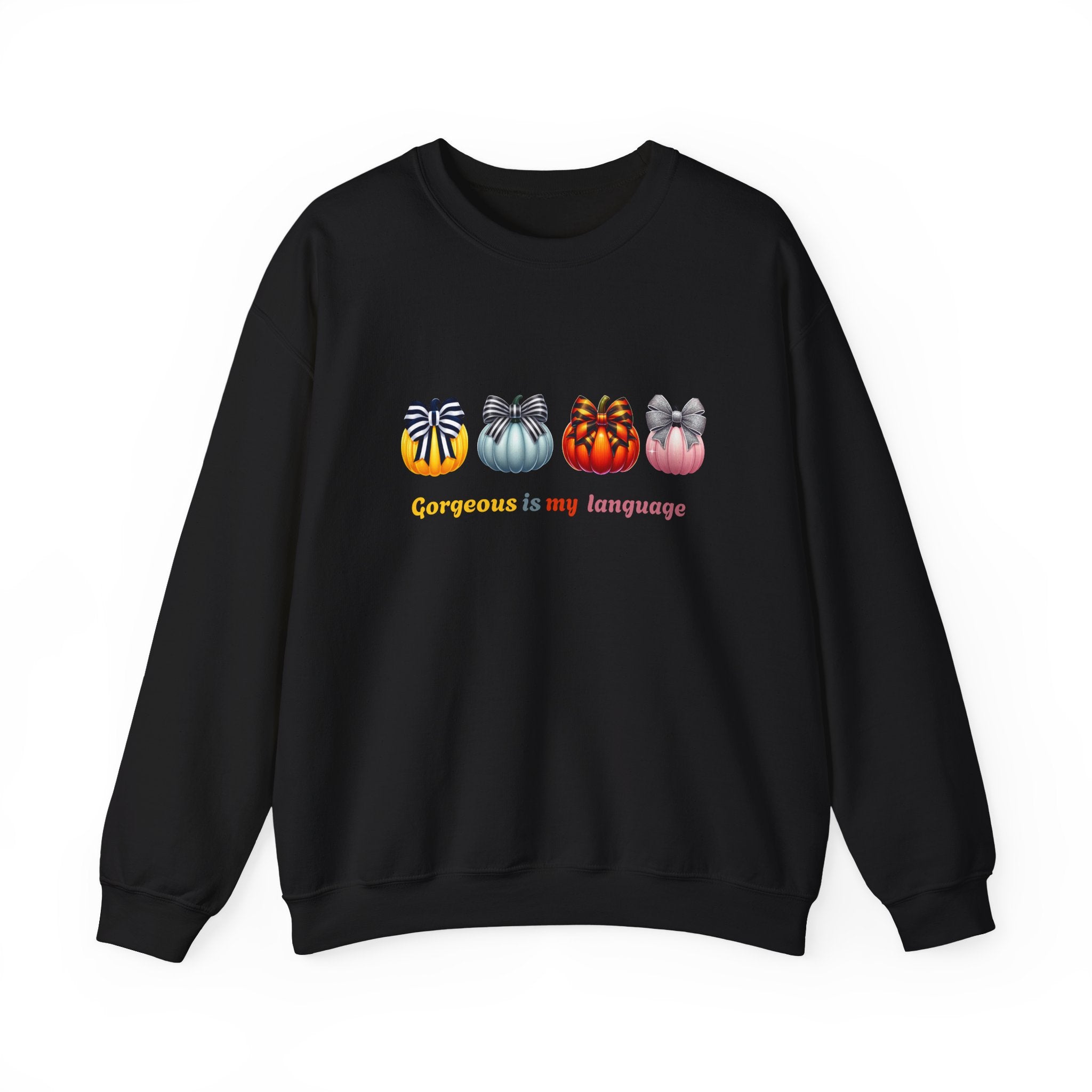 Gorgeous Is My Language Sweatshirt – Colorful Bow Pumpkin Crewneck, Cozy Fall Fashion