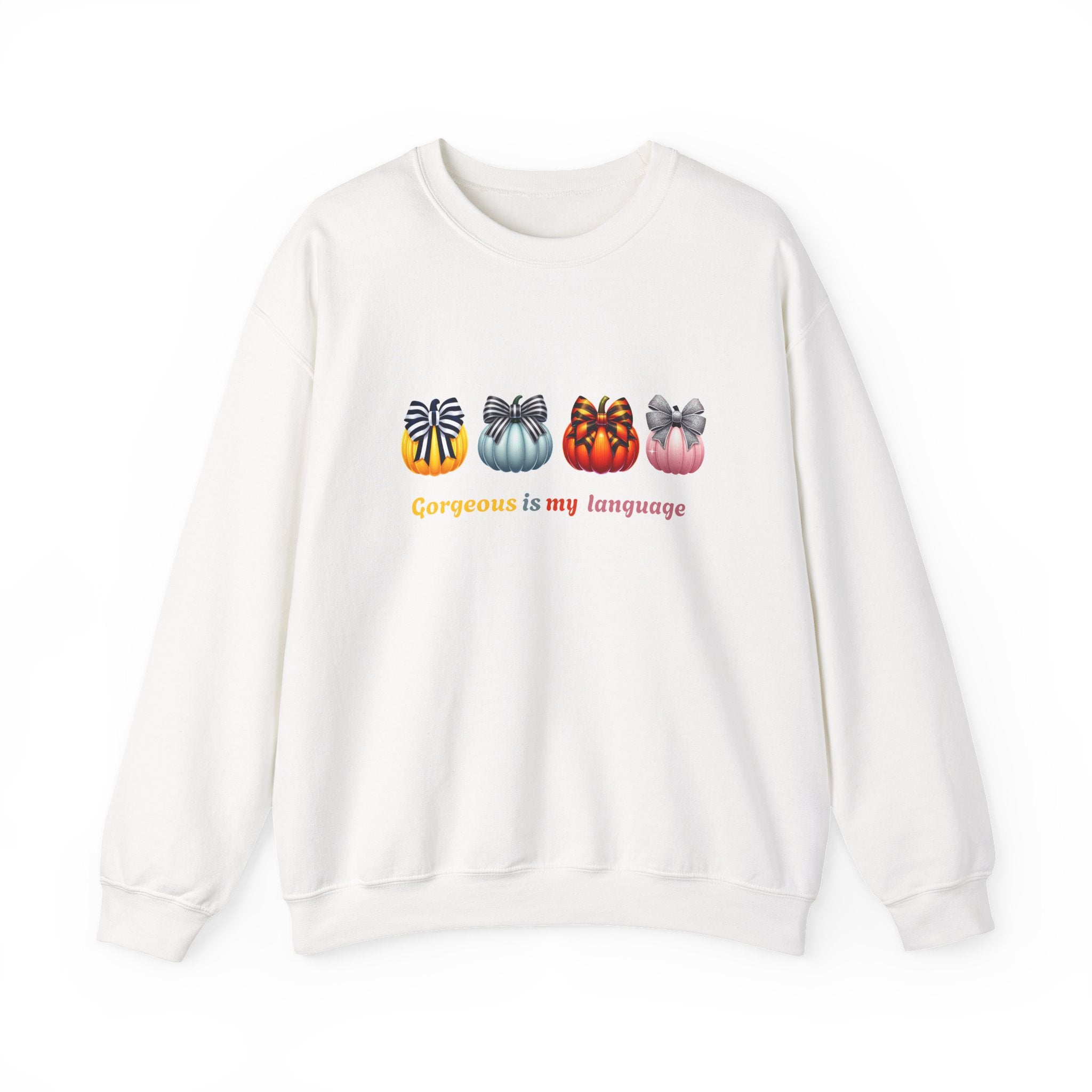 Gorgeous Is My Language Sweatshirt – Colorful Bow Pumpkin Crewneck, Cozy Fall Fashion