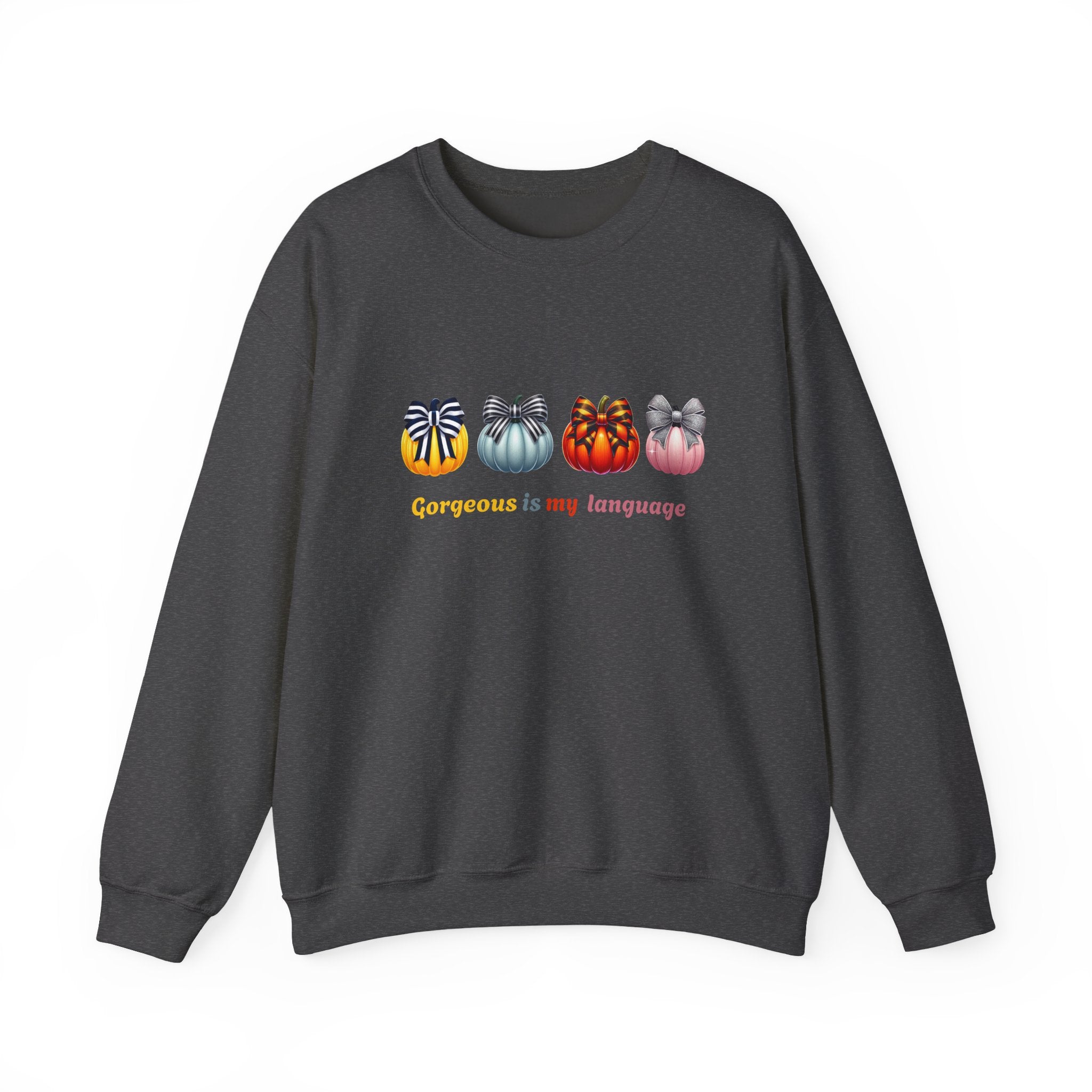 Gorgeous Is My Language Sweatshirt – Colorful Bow Pumpkin Crewneck, Cozy Fall Fashion