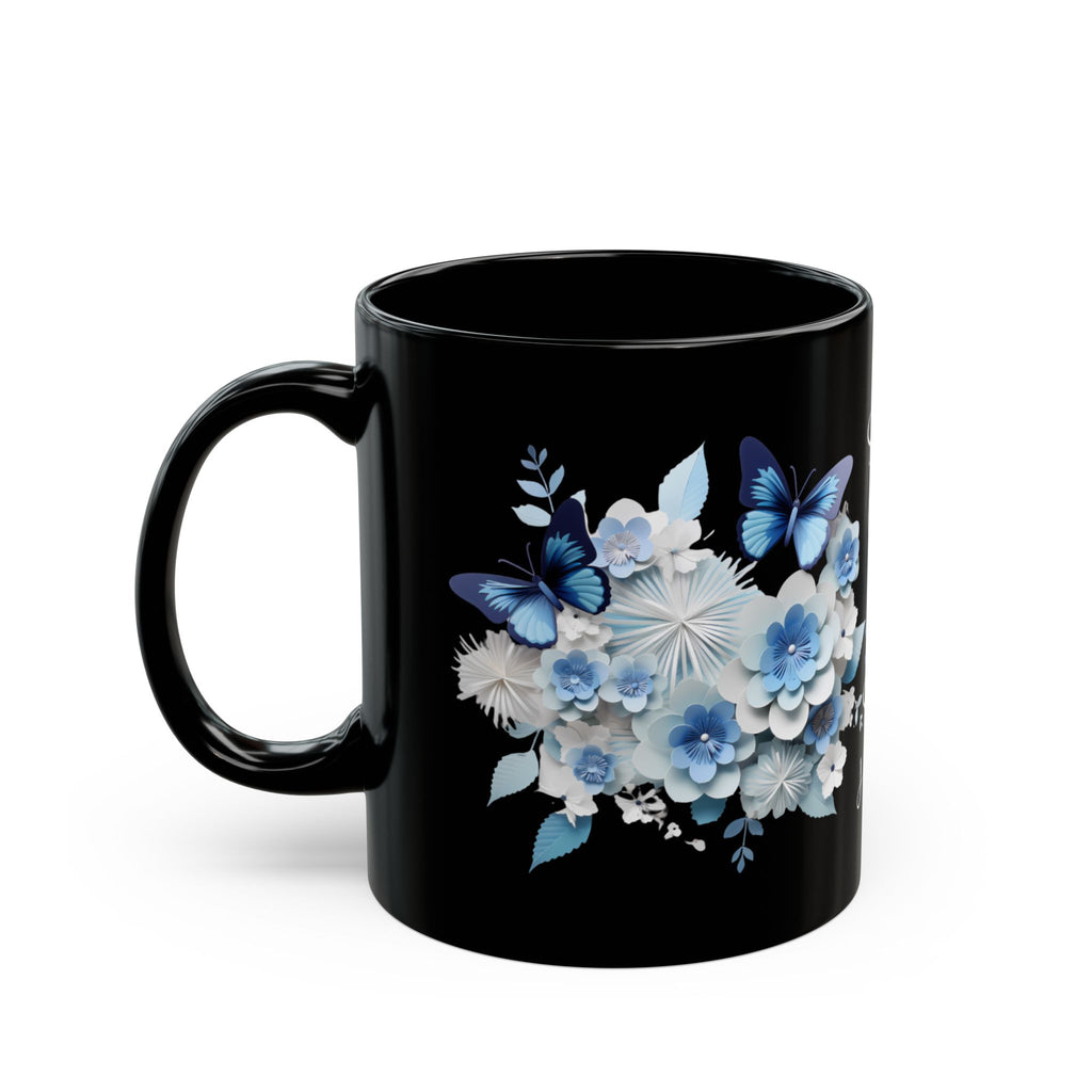 Stay Cozy Stay Happy Black Mug – Butterfly & Floral Design, Positive Vibes Gift