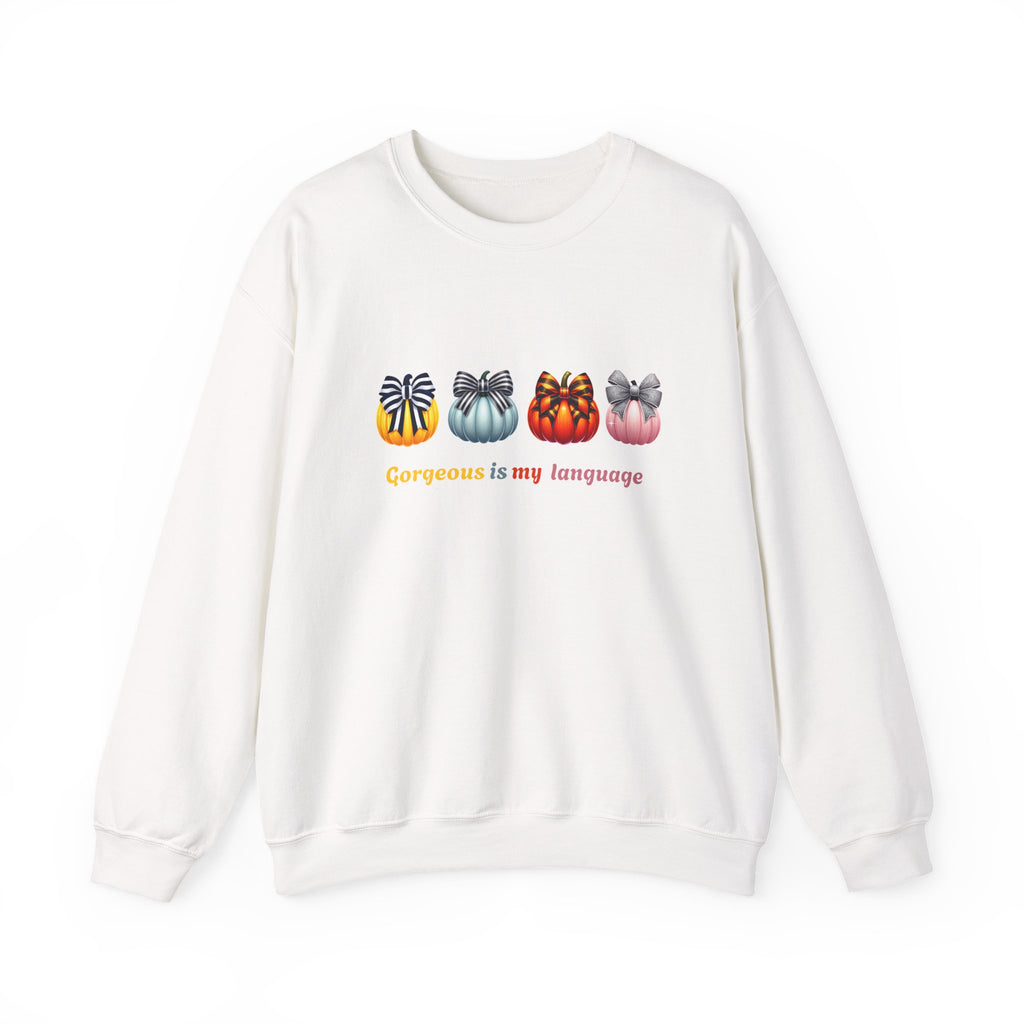 Gorgeous Is My Language Sweatshirt – Colorful Bow Pumpkin Crewneck, Cozy Fall Fashion