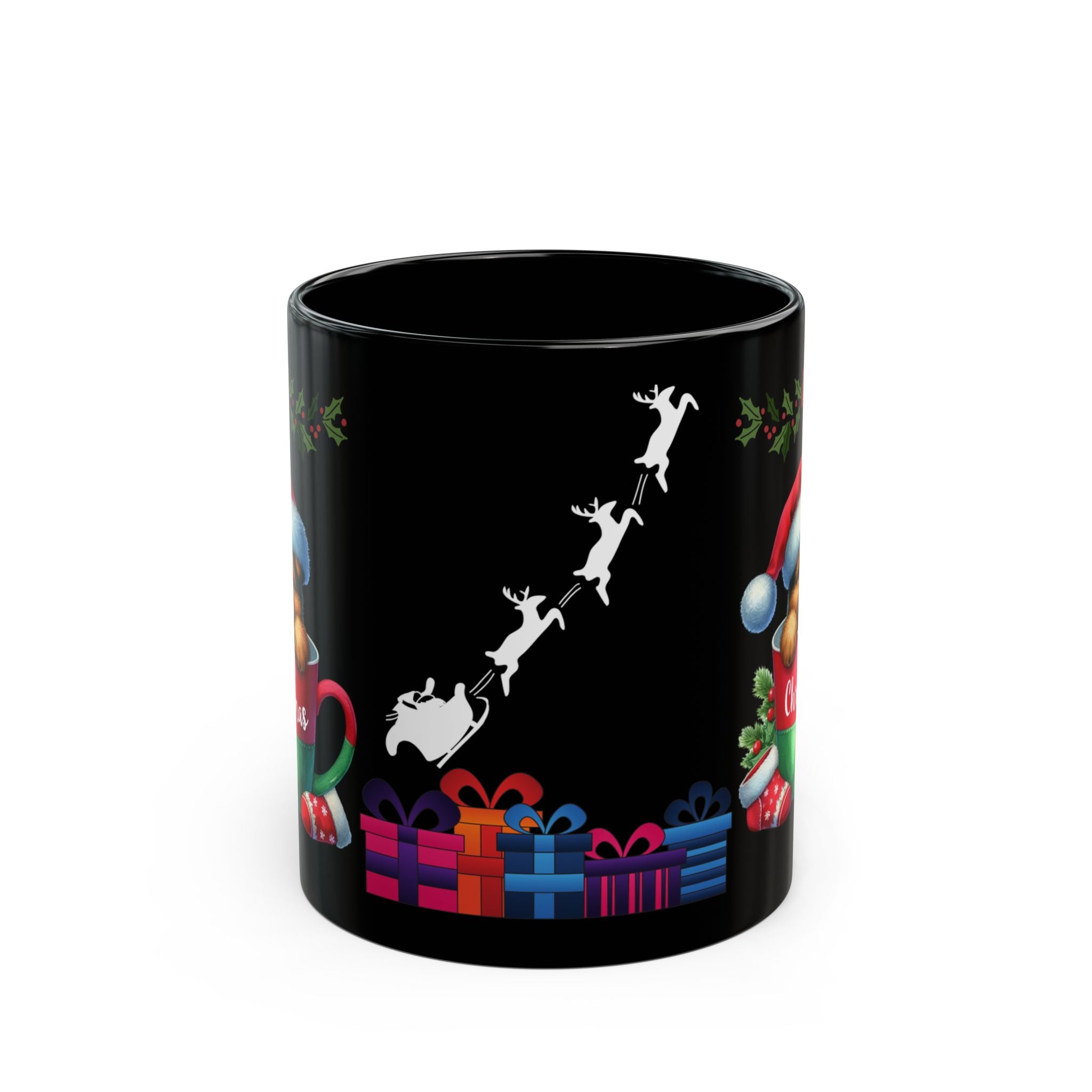 Christmas Black Mug | Cute Puppy in Cup with Santa Sleigh | Holiday Coffee Gift for Dog Lovers