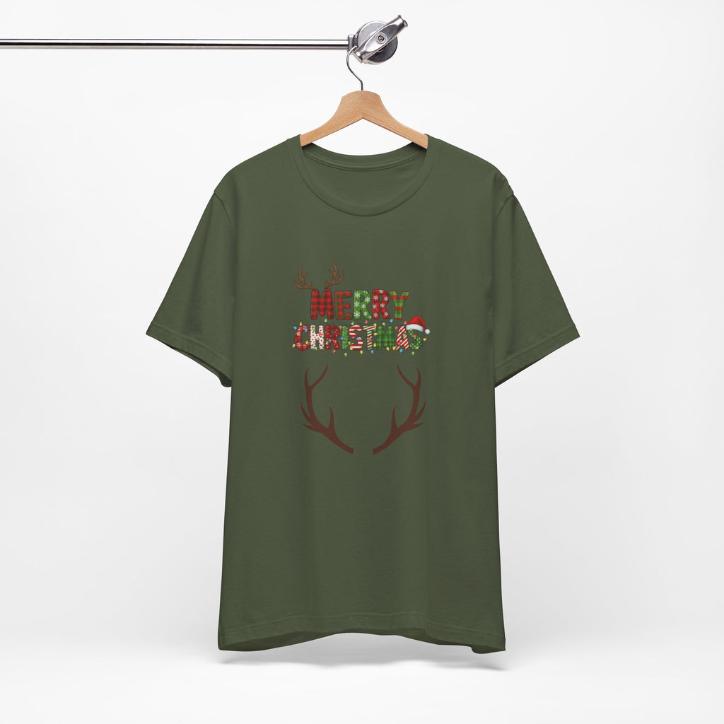 Merry Christmas Antler Tee, Festive T-Shirt, Holiday Apparel, Unisex Xmas Shirt, Christmas Gift, Winter Wear