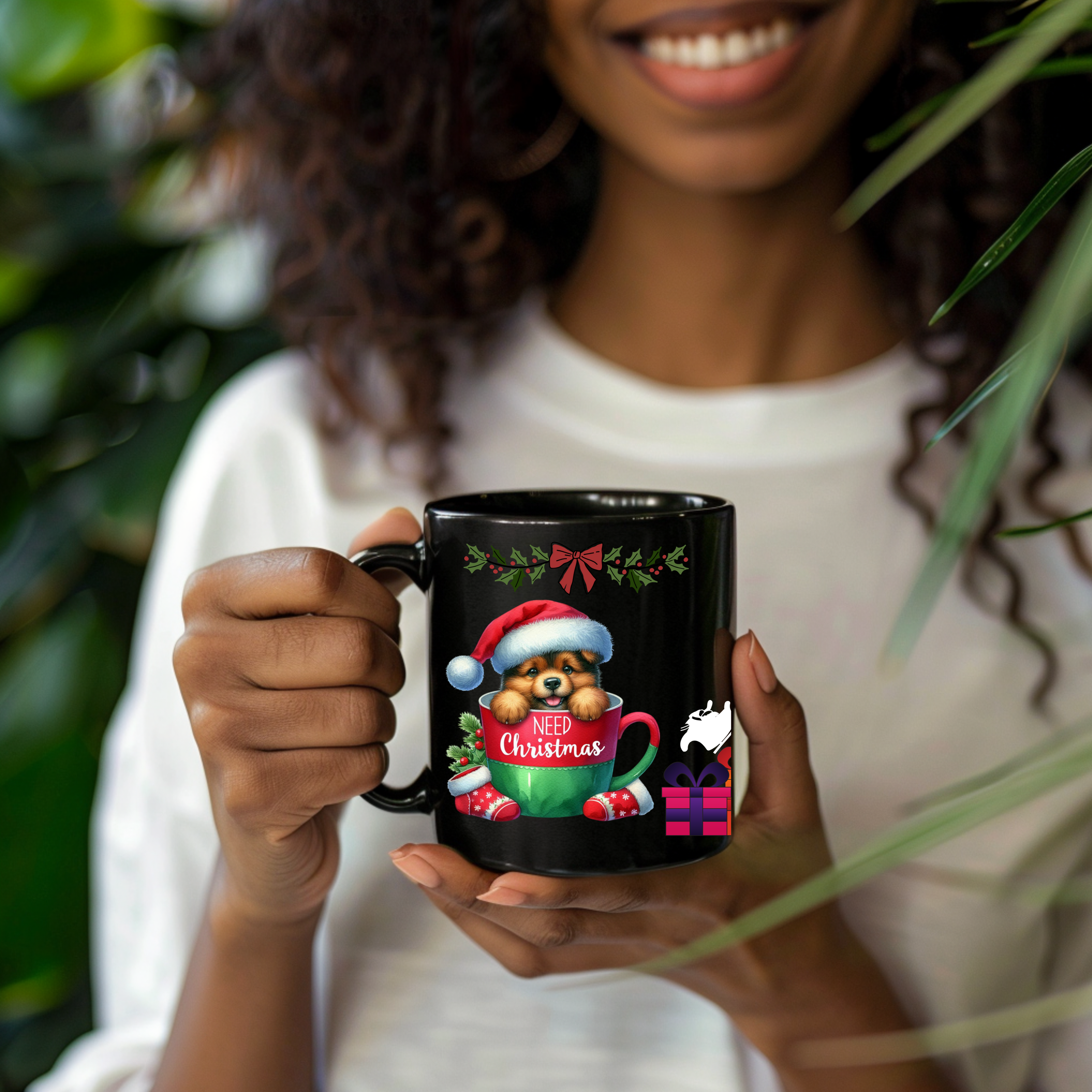 Christmas Black Mug | Cute Puppy in Cup with Santa Sleigh | Holiday Coffee Gift for Dog Lovers