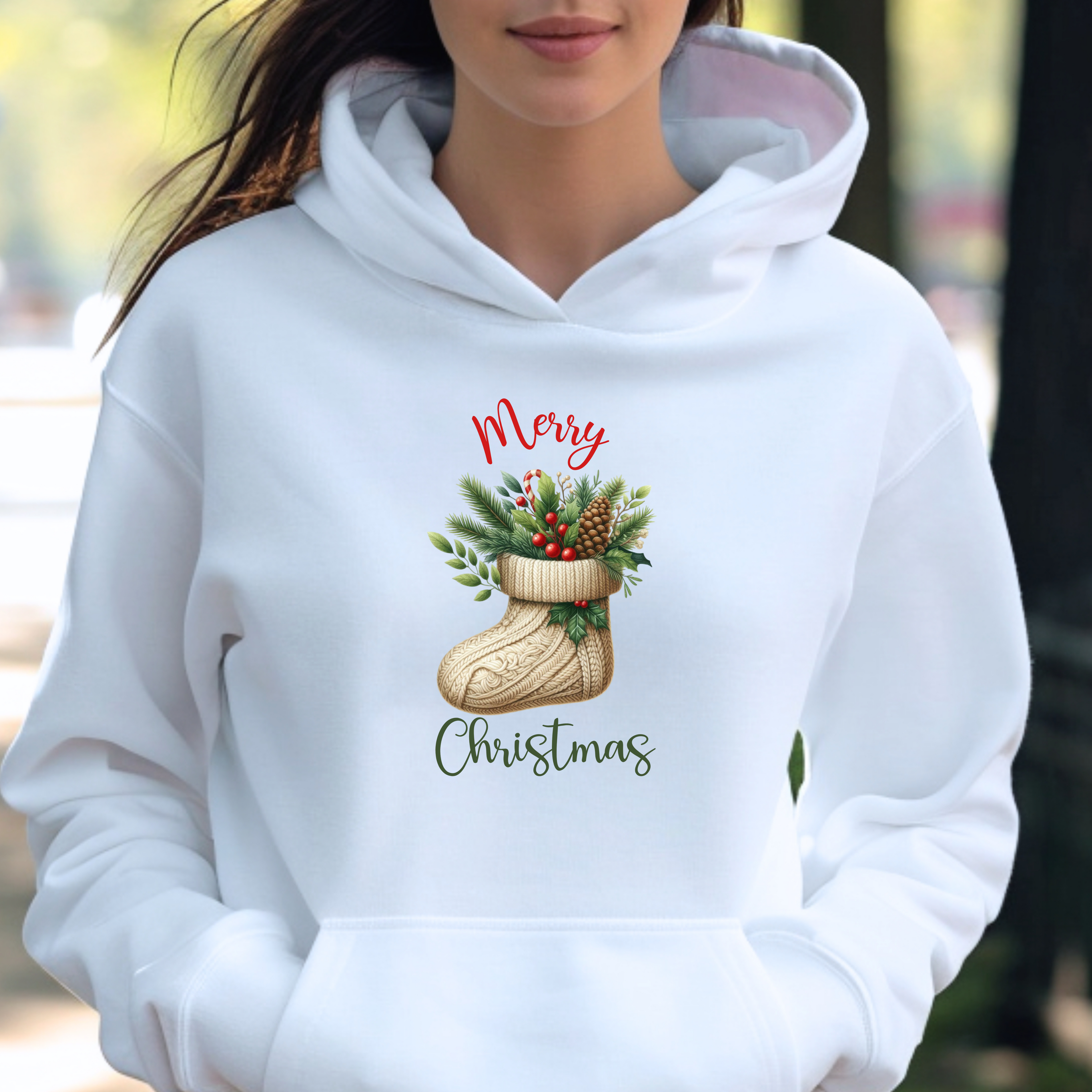 Merry Christmas Hoodie – Cozy Holiday Sweatshirt with Festive Stocking Design