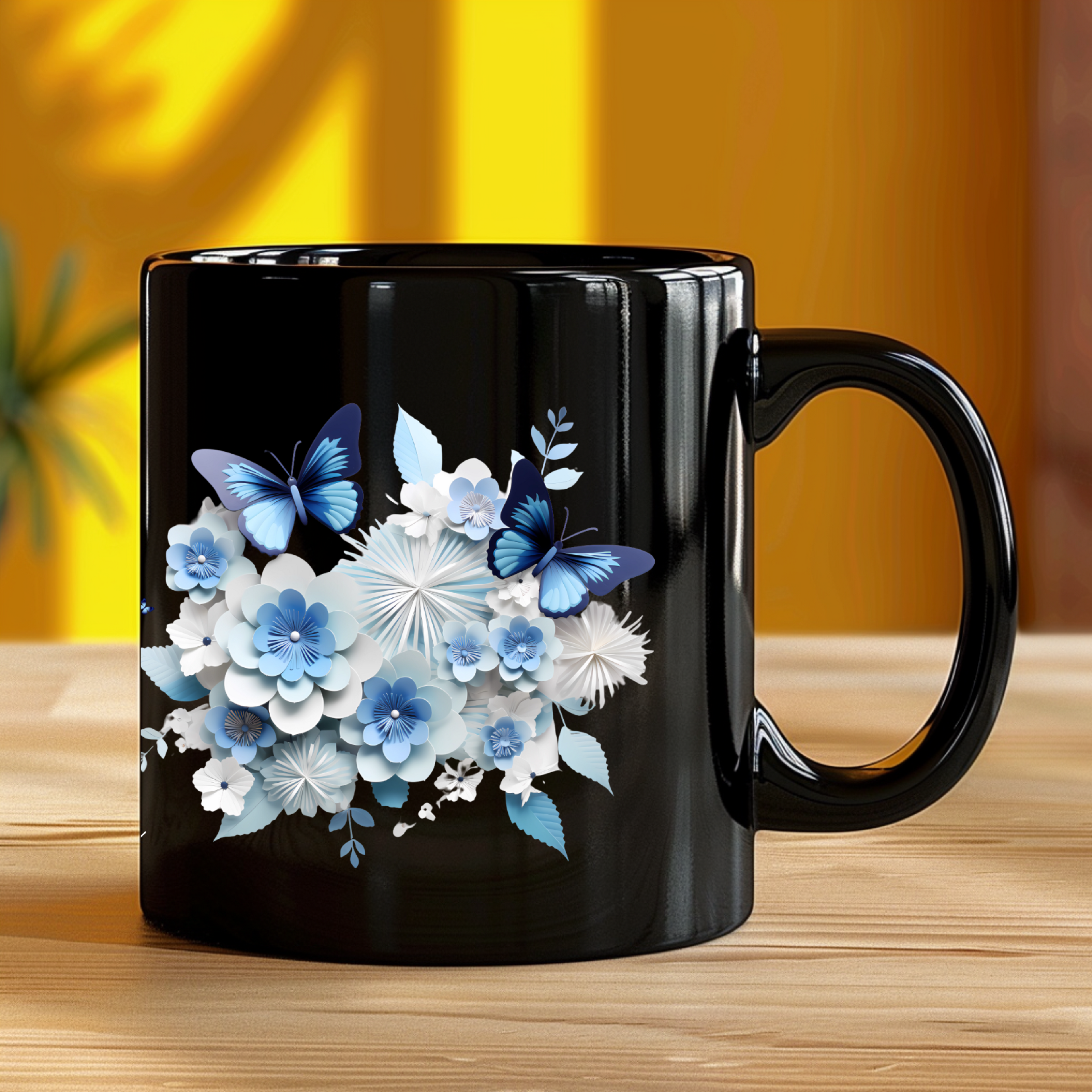 Stay Cozy Stay Happy Black Mug – Butterfly & Floral Design, Positive Vibes Gift