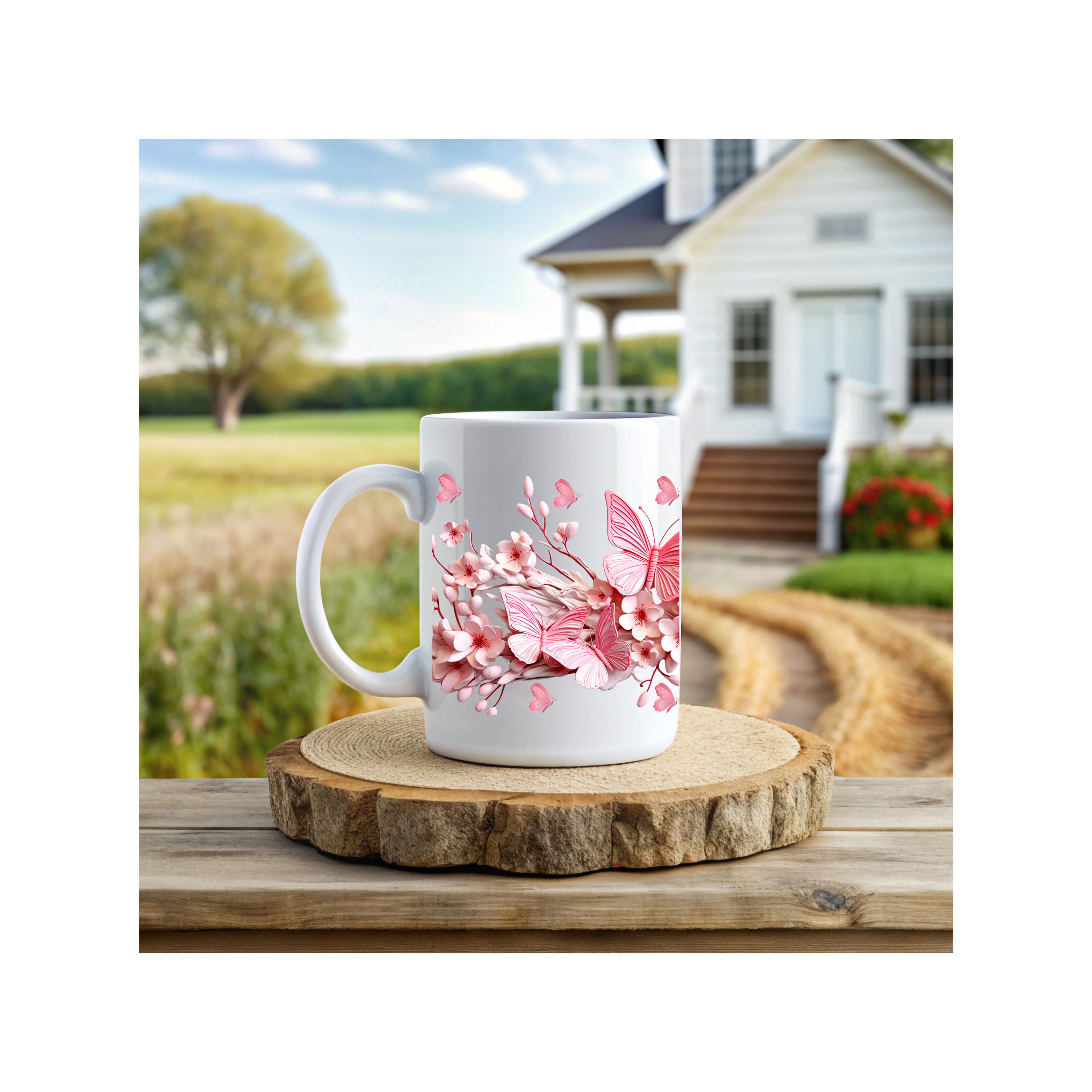 Pink Butterfly Floral Mug – Elegant Ceramic Coffee Cup, Nature-Inspired Gift