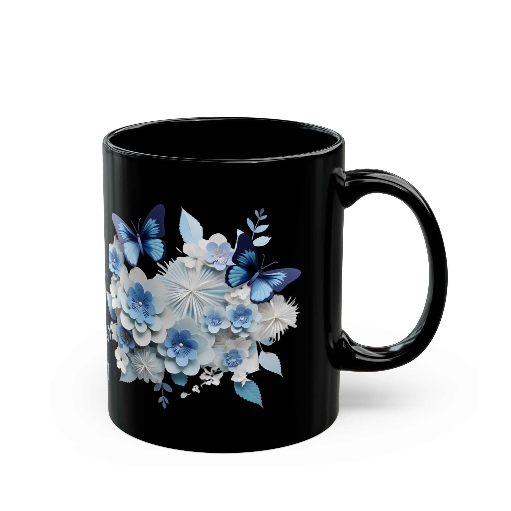 Stay Cozy Stay Happy Black Mug – Butterfly & Floral Design, Positive Vibes Gift