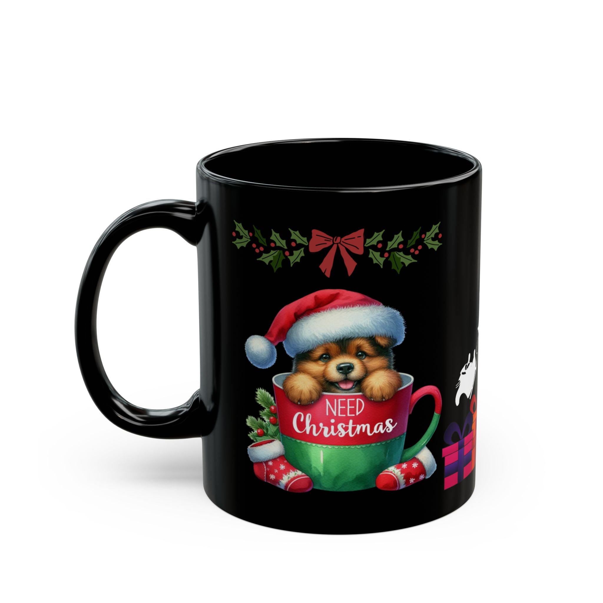 Christmas Black Mug | Cute Puppy in Cup with Santa Sleigh | Holiday Coffee Gift for Dog Lovers