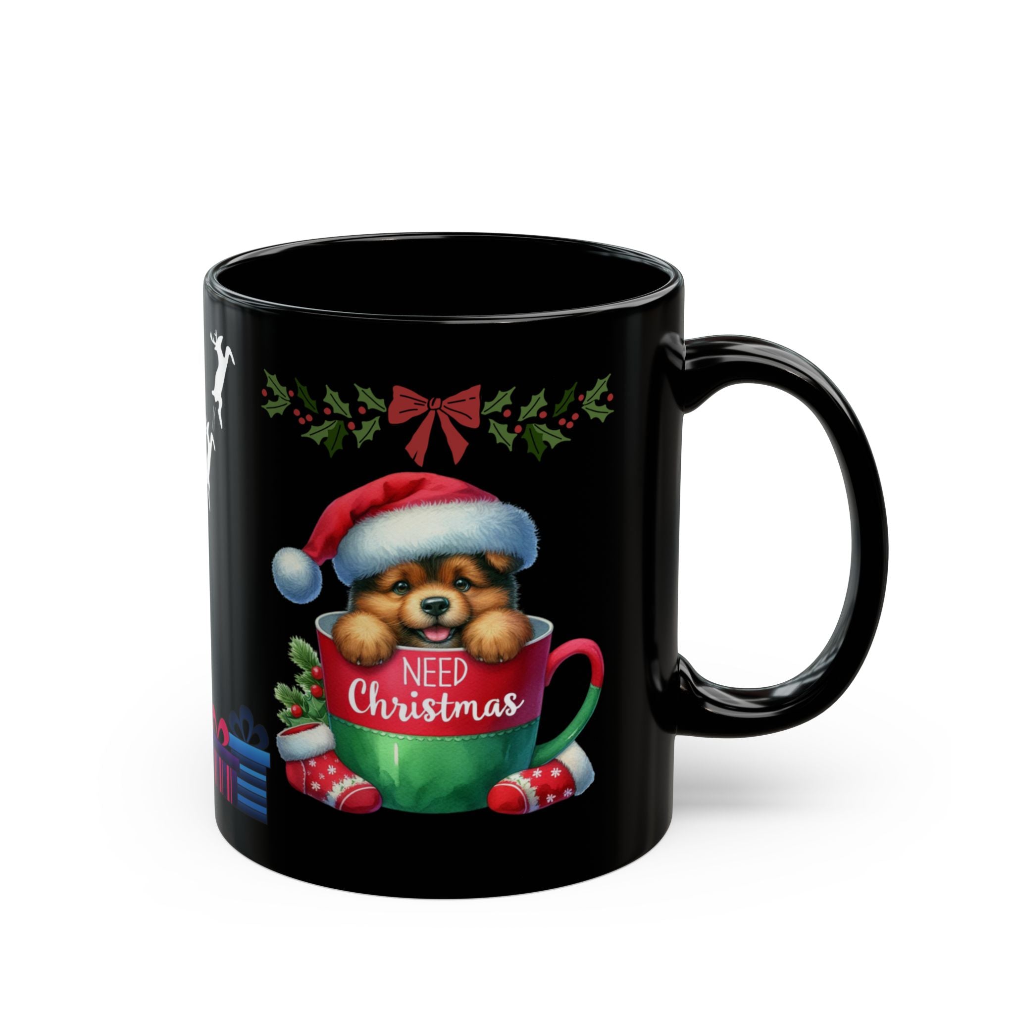 Christmas Black Mug | Cute Puppy in Cup with Santa Sleigh | Holiday Coffee Gift for Dog Lovers
