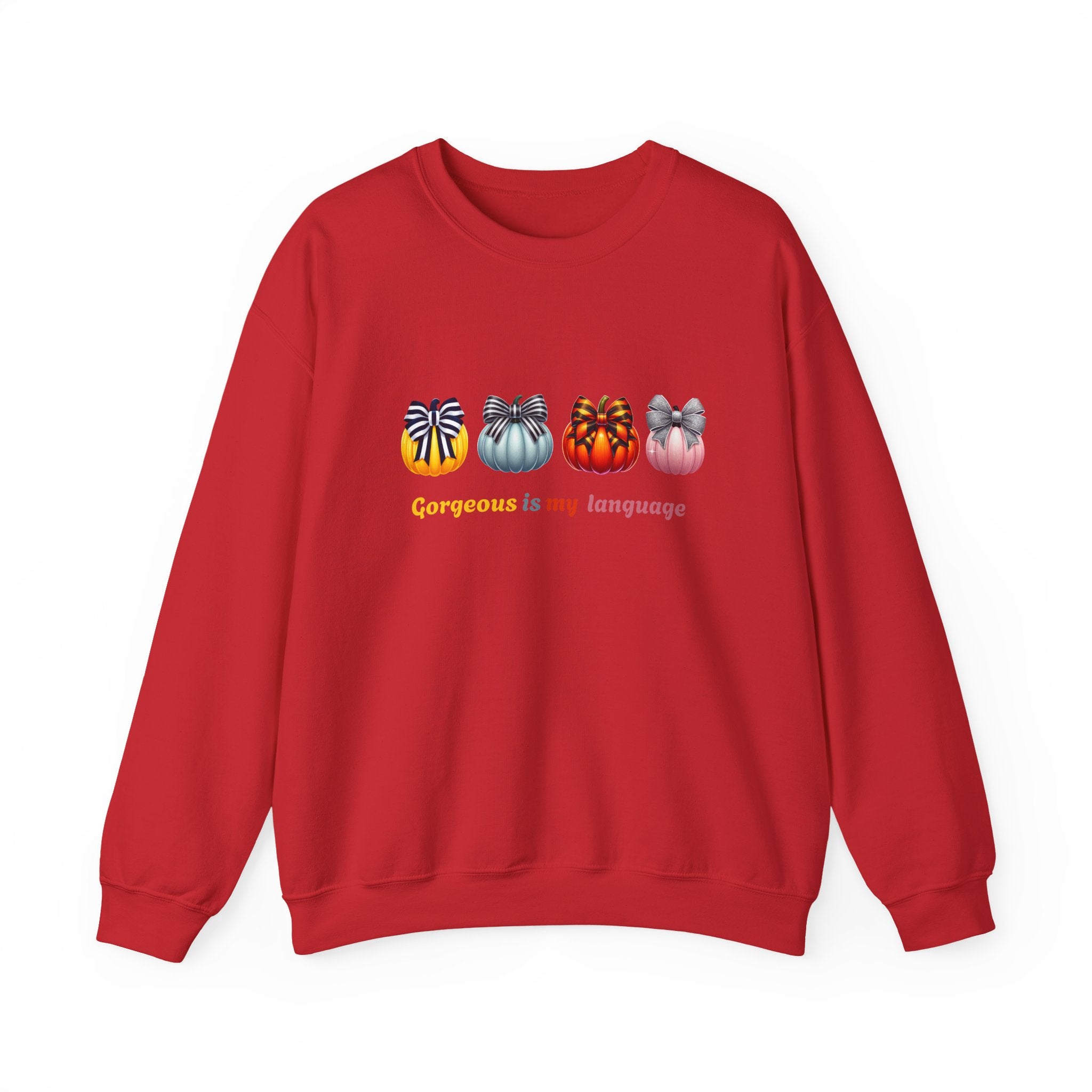 Gorgeous Is My Language Sweatshirt – Colorful Bow Pumpkin Crewneck, Cozy Fall Fashion