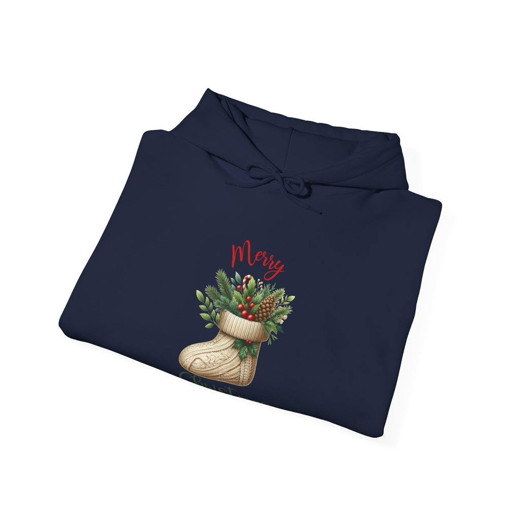 Merry Christmas Hoodie – Cozy Holiday Sweatshirt with Festive Stocking Design