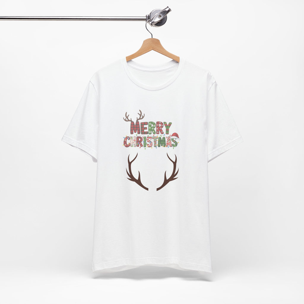 Merry Christmas Antler Tee, Festive T-Shirt, Holiday Apparel, Unisex Xmas Shirt, Christmas Gift, Winter Wear