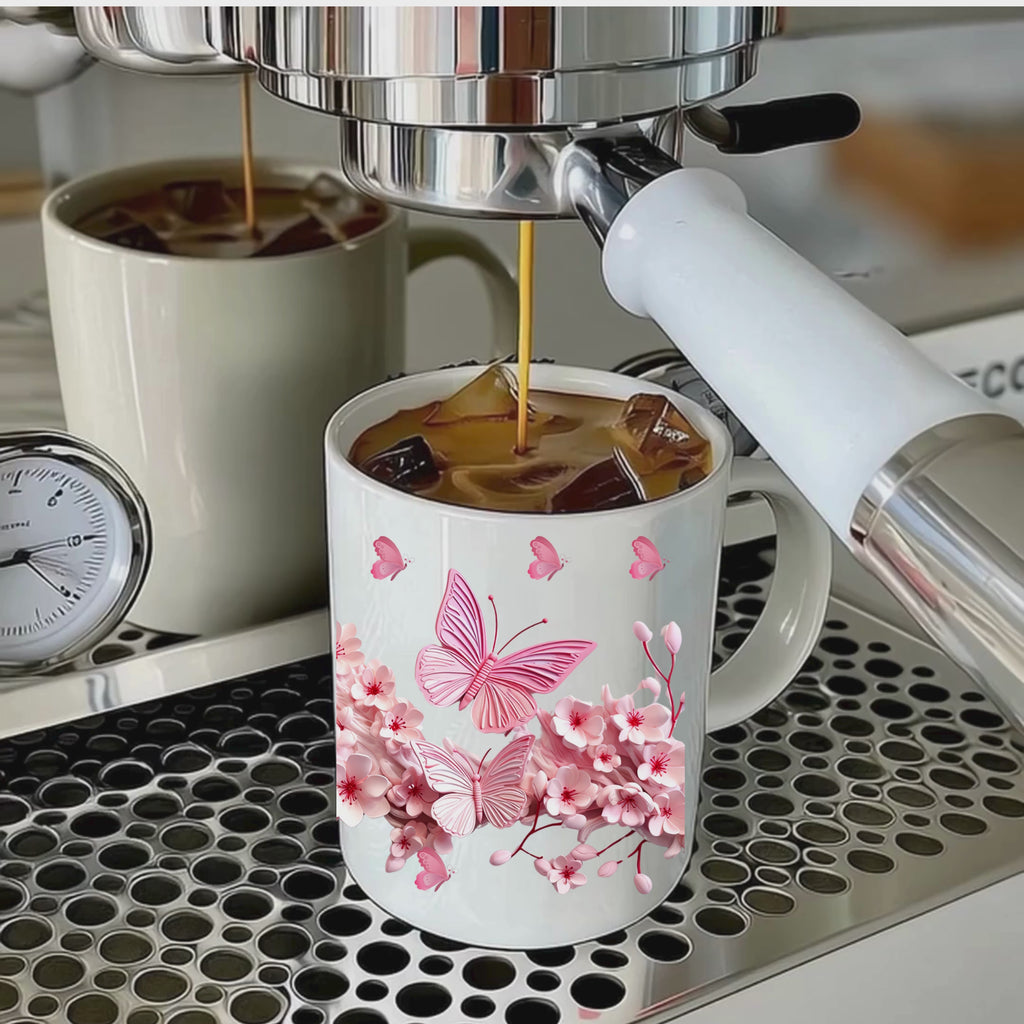 Pink Butterfly Floral Mug – Elegant Ceramic Coffee Cup, Nature-Inspired Gift